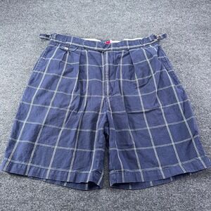 Tommy Hilfiger Mens 34 Blue Plaid Linen Cotton Pleated Shorts Side Adjusters